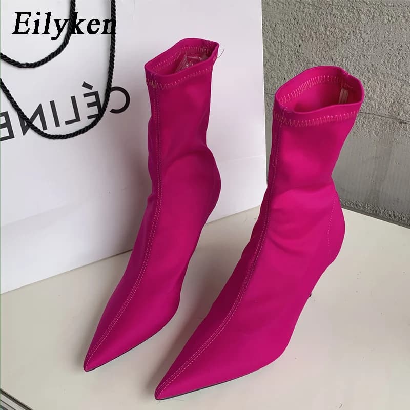Eilyken 2025 New Spring Autumn Stretch Fabric Women Ankle Boots Sexy Pointed Toe High Heels Fashion Female Socks Pumps Shoes