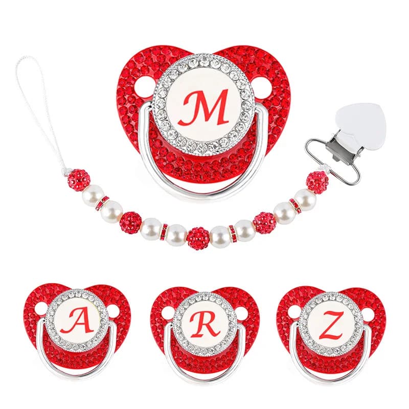 Red Pacifier Newborn Dummy Luxury Pearls Clip Chain Set Letters Infant Soother Baby Shower Gift Silicone Toddler Teether