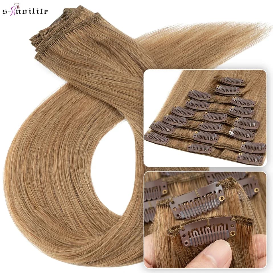 S-noilite Natural Hair Extensions 50-80g Human Hair Thin Straight Hairpiece 8"-24" 8Pcs/Set Full Head Clip In Natural Hair Clip