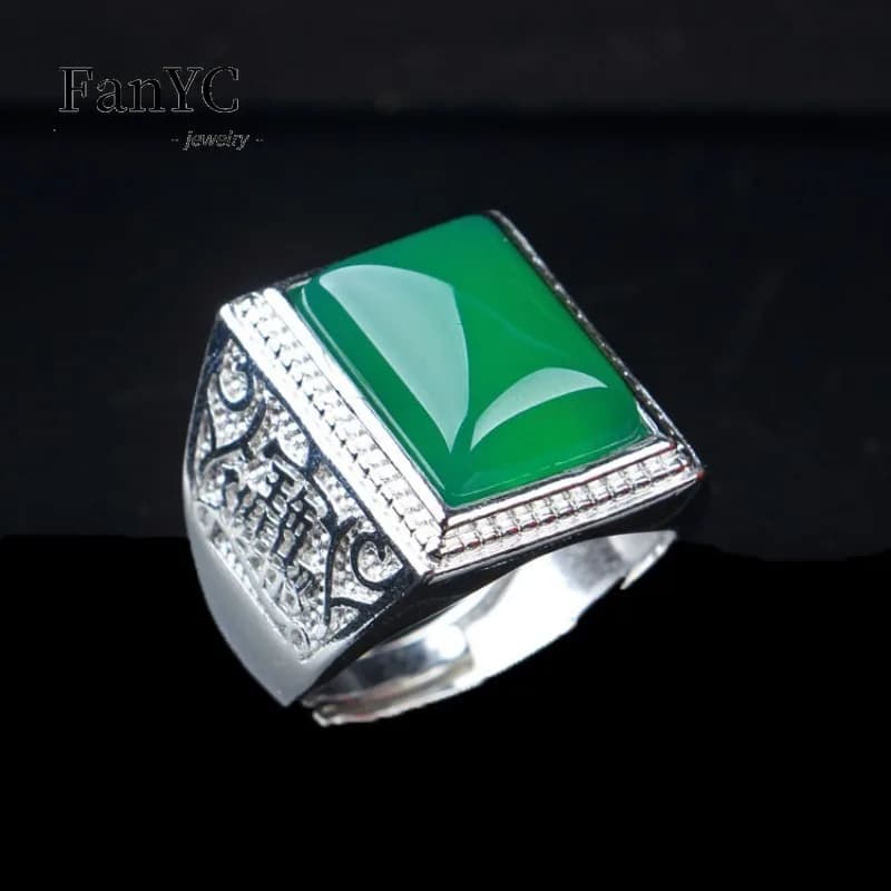 Natural 925 Silver Inlaid Green Agate Jade Ring Vintage Exquisite Men's Jewelry Adjustable Finger Ring Holiday Gift
