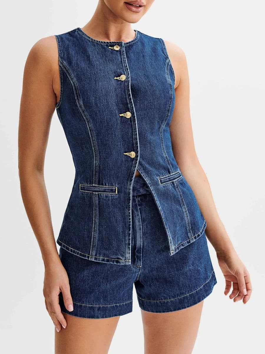 HzDazrl Women‘s Denim Vest Spring Fall Fit Sleeveless Button Down Back Slit Crew Neck Waistcoat Fashion Casual Long Jean Vests