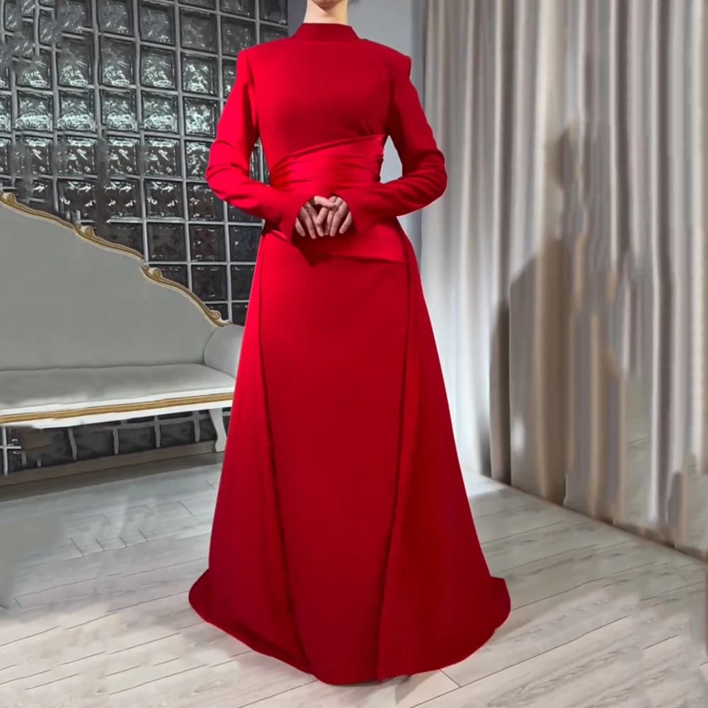 Customized Yipeisha Red Simple Jersey Evening Dresses Exquisite High Neck Full SLeeves Pleat A-line Floor Length Formal Pageant