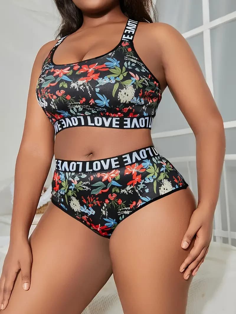 Plus Size Sexy Lingerie Set for Women, Floral Print, Letter Tape, Crisscross Back Bra and Panty, Sports, 2 Pcs Set