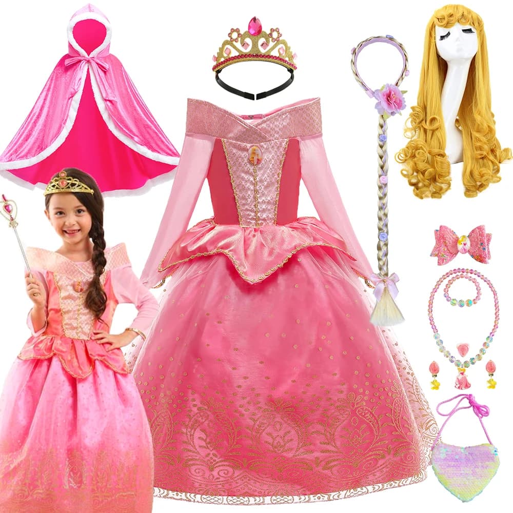 Halloween Princess Aurora Dress Up Sleeping Beauty Fairy Costume Party Girls Pink Long Sleeve Dresses Elegant Pageant Ball Gowns