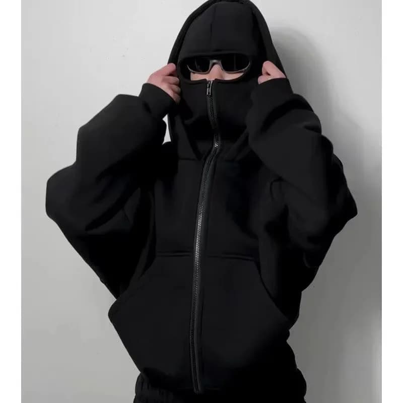 Men and women Balaclava Y2K Gothic Harajuku winter Warm new item double hooded sweatshirt men's hooded mask zipper sports Jacket