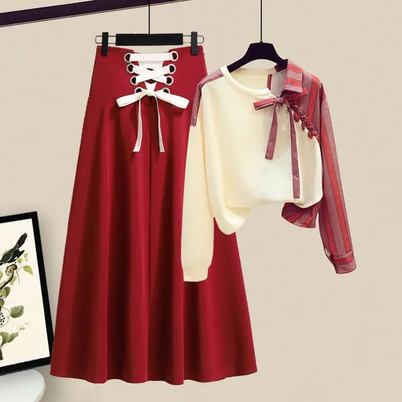 Casual Drawstring Bow Matching Sets Spring Autumn Fashion Asymmetrical Patchwork Female Clothing Two Piece Set Basic Dress Sets