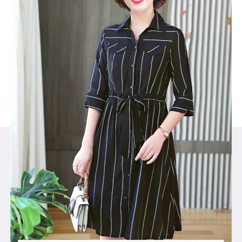 2024 Summer New Women's Fashion Commute Square Neck Spliced Striped Shirring Drawstring Button Half Sleeve Slim Fit A-line Dress