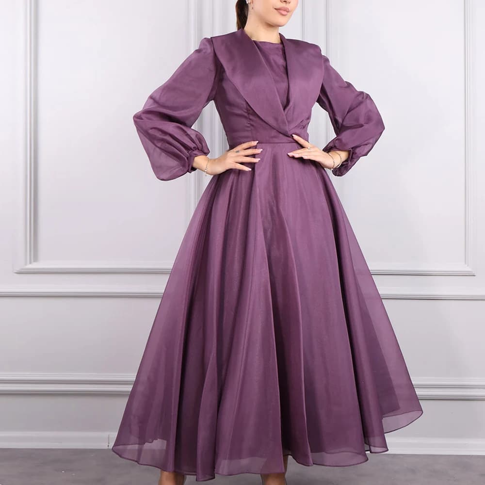 Purple Formal Crew neck Long Sleeves A-Line Zipper Back Bow Ankle Length Chiffon Elegant Evening Dress Bespoke Occasion Gowns