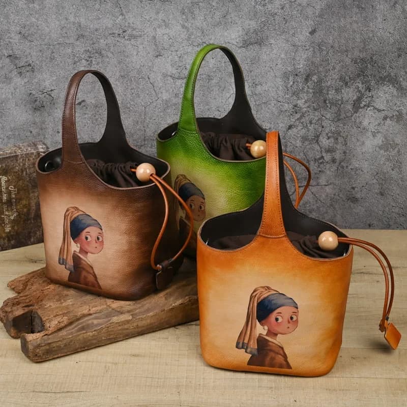 Genuine Leather Women's Retro Handbag First-layer Cowhide Shouder Bag Print Hand-rubbed Literary Bucket Bag With Shoulder Strap