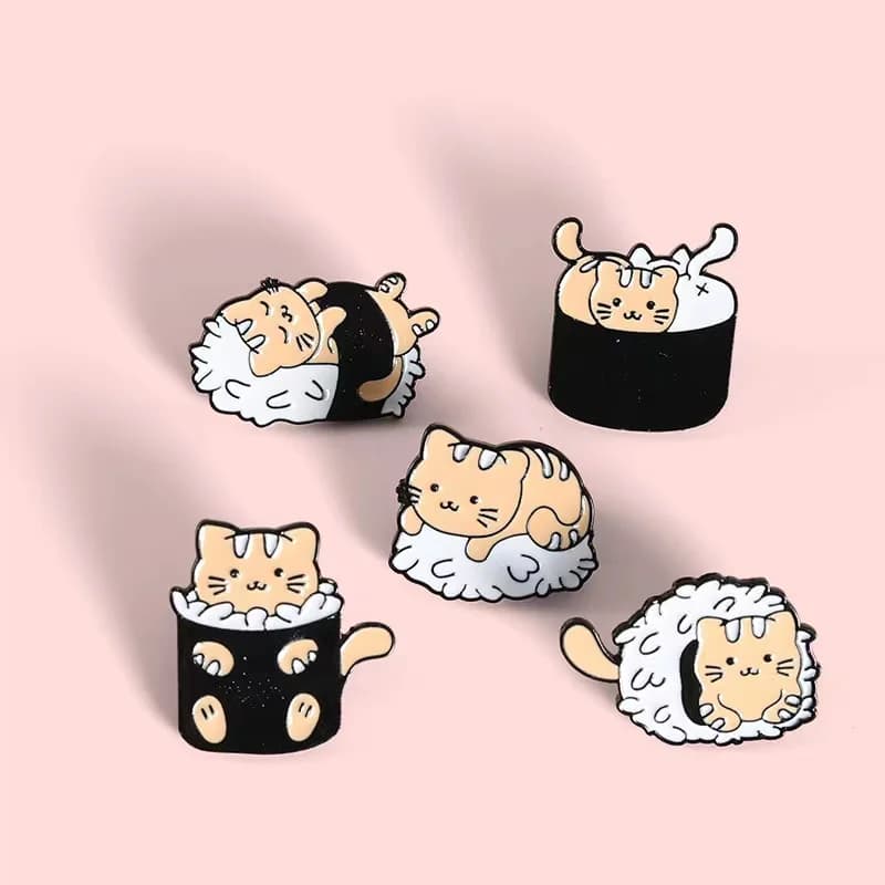 Cat Sushi Rice Ball Enamel Pins Custom Cute Animals Japanese Foods Brooch Lapel Badge Cartoon Jewelry Gift for Friends Wholesale