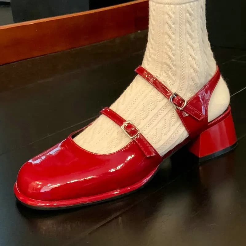 Big Size 33-47 Red Sweet Lovely Girls Summer Shoes Closed Toe Double Buckle Strap Lolita Mary Janes Chunky Med Heels Sandals