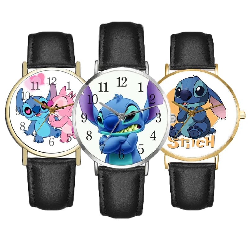 Disney Stitch Cartoon Children's Watch Movie Anime action figure PU Belt Pointer Digital Quartz watches for kids Birthday Gifts