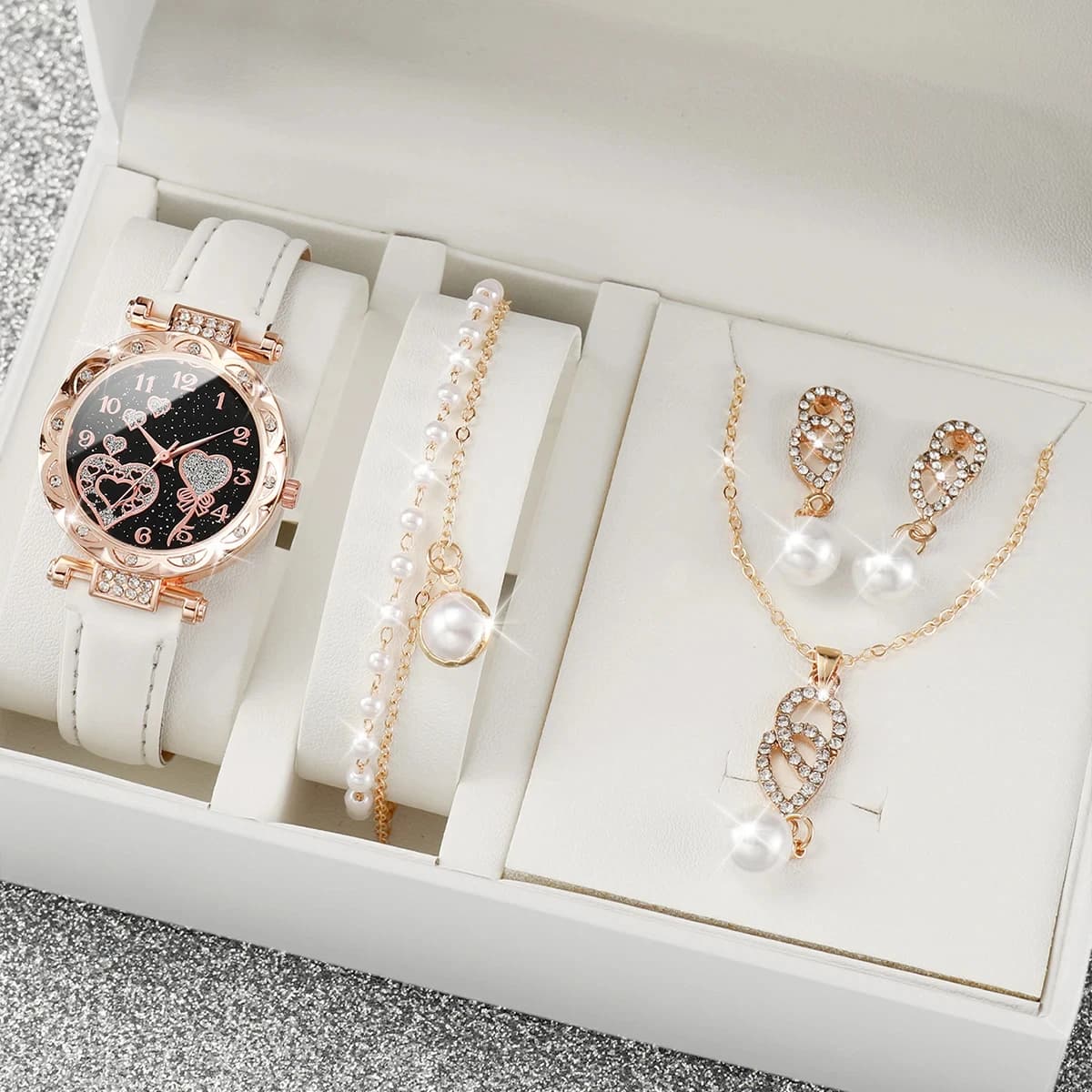 4pcs/set Women's Shiny Rhinestone Quartz Watch Analog PU Leather Wrist Watch & Faux Pearl Jewelry Set Gift For Mom Her 