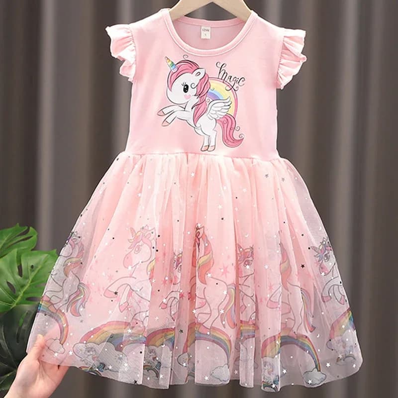 Girls Clothes 2024 New Summer Princess Dresses Flying Sleeve Kids Dress Unicorn Party Baby Dresses for Children Clothing 1-6Y