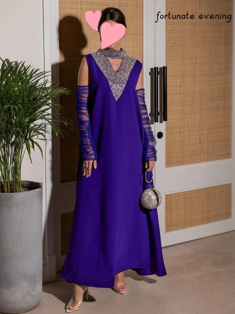 Fortunate Evening Elegant Vintage Sweet Purple Shiny Sequins V-Neck Gloves Formal Occasion Prom Dress Evening Party Gowns