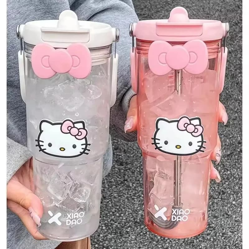 900ML Sanrio Hello Kitty Large Capacity Plastic Water Cup Cartoon Portable Beverage Bottle Outdoor Fitness Sports Straw Cup