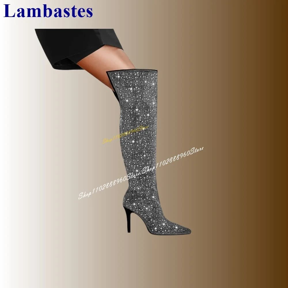 Over The Knee Sparkling Black Crystal Decor Boots Thin High Heel Women Shoes Side Zipper Pointed Toe 2024 Zapatos Para Mujere
