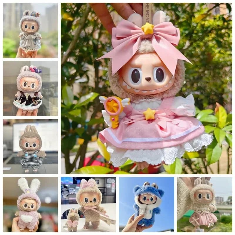 For 15-17 cm v1v2 Labubu Clothes outfit Labubu Sitting Party Bear Label Scarf Hat Bag Dolls Accessories Cute Decoration