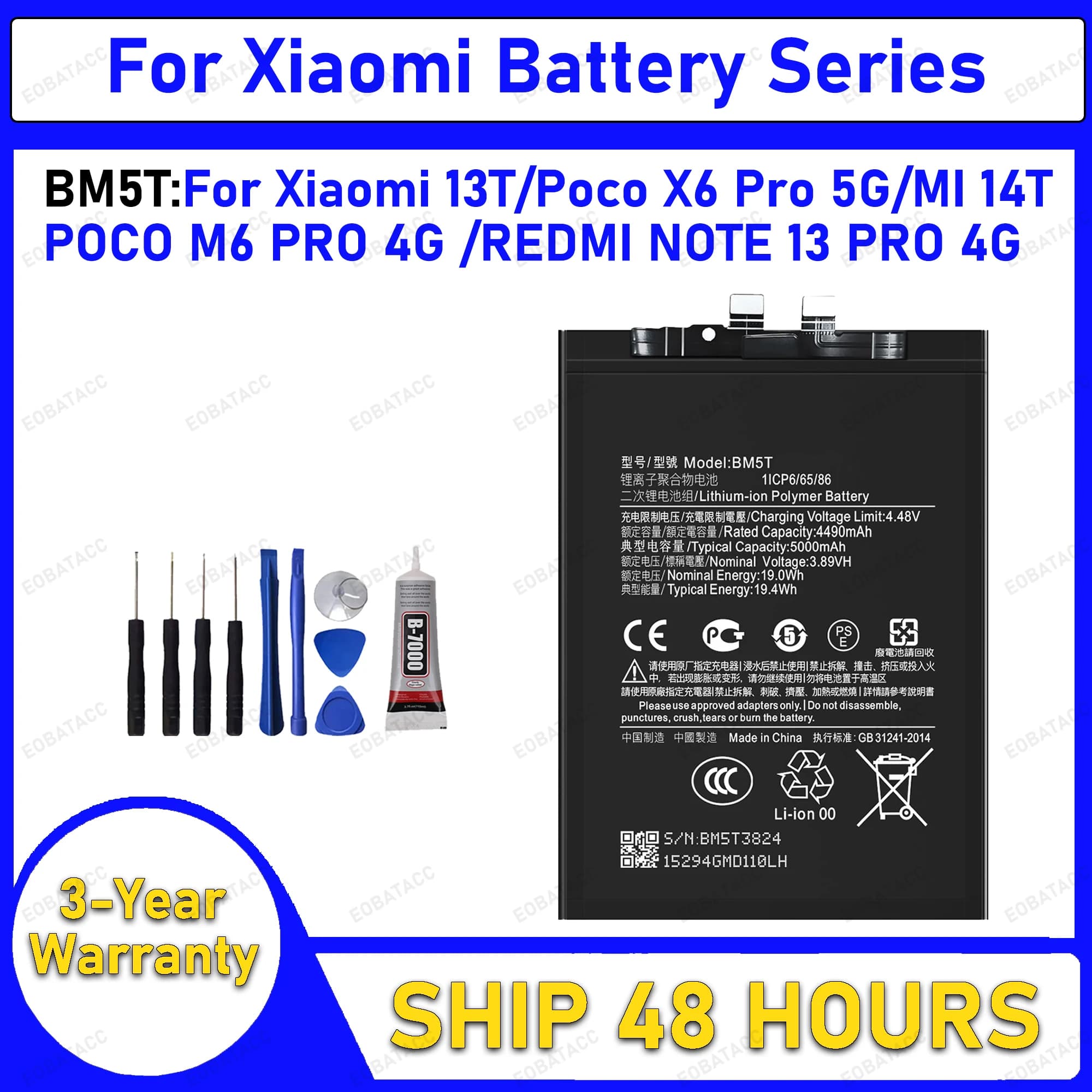 100% New Original Battery BM5T For XIAOMI 13T/14T/Poco X6 Pro 5G/POCO M6 PRO 4G /REDMI NOTE 13 PRO 4G Battery + Free Tools