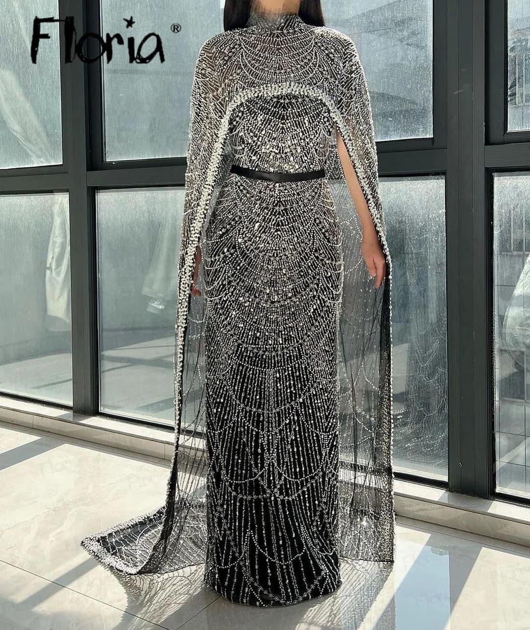 Black Evening Dress Middle East With Full Beaded and Pearls Luxury Long Cape Sleeve Formal Occasion Dresses Customize Prom Gown