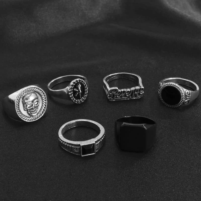 6Pcs Vintage Black Stone Rings for Men Gothic Skeleton Portrait Couple Emo Y2k Fashion Jewelry Ring Set for Women Men