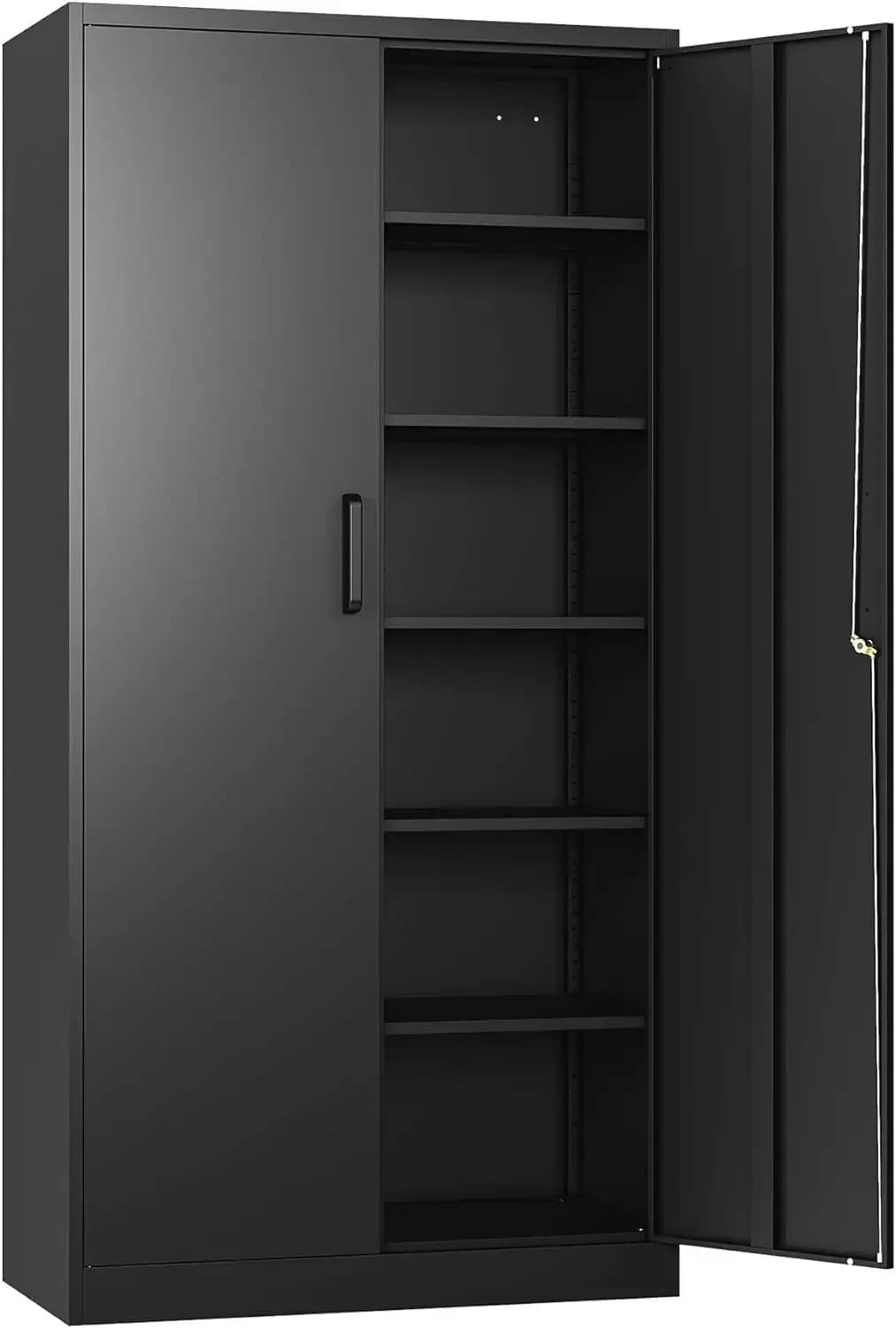 Garage Storage Cabinet with 2 Lockable Doors, 5 Adjustable Shelves Metal Storage Cabinet, Kitchen Pantry Storage Cabinet, Black