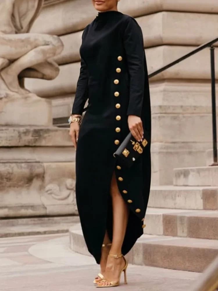 Yeezzi Women's Fashion Buttoned Split-Side High Neck Evening Black Dress 2025 New Long Sleeves Loose Urban Office Maxi Dresses