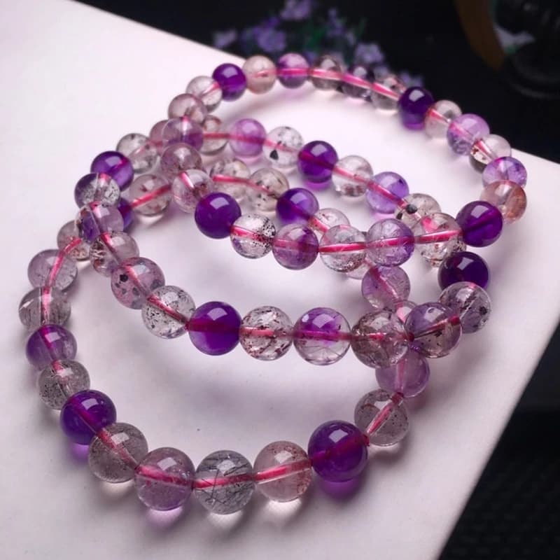Natural Purple Super Seven 7 Colorful Rutilated Quartz Bracelet Clear Round Beads 8.5mm Women Men Jewelry Fashion AAAAAA