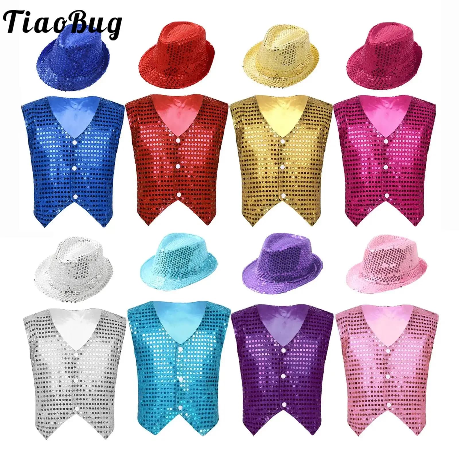 Girls Boys Sequins Jazz Vests Outfits Glittery Sleeveless Waistcoat+Hat Set for Hip Hop Jazz Performance Street Dance Costume