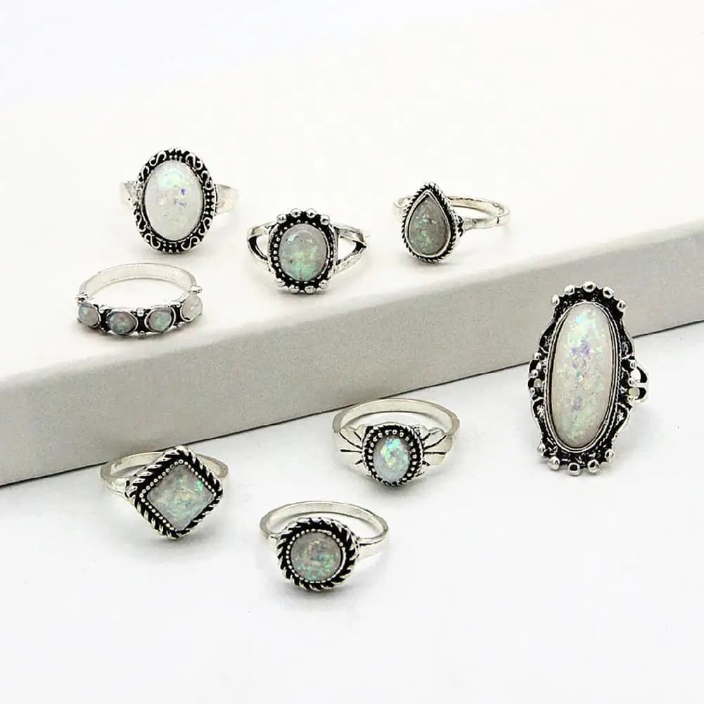 Lightweight 8Pcs/Set Chic Ethnic Style Faux Gem Finger Rings Alloy Midi Rings Oval for Outdoor