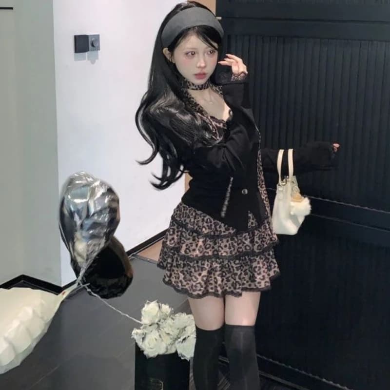 Autumn Winter American Streetwear Vintage Shirts Y2k Harajuku Japan Slim Waist A Line Patchwork Lace Tiered Skirts Girl Sets