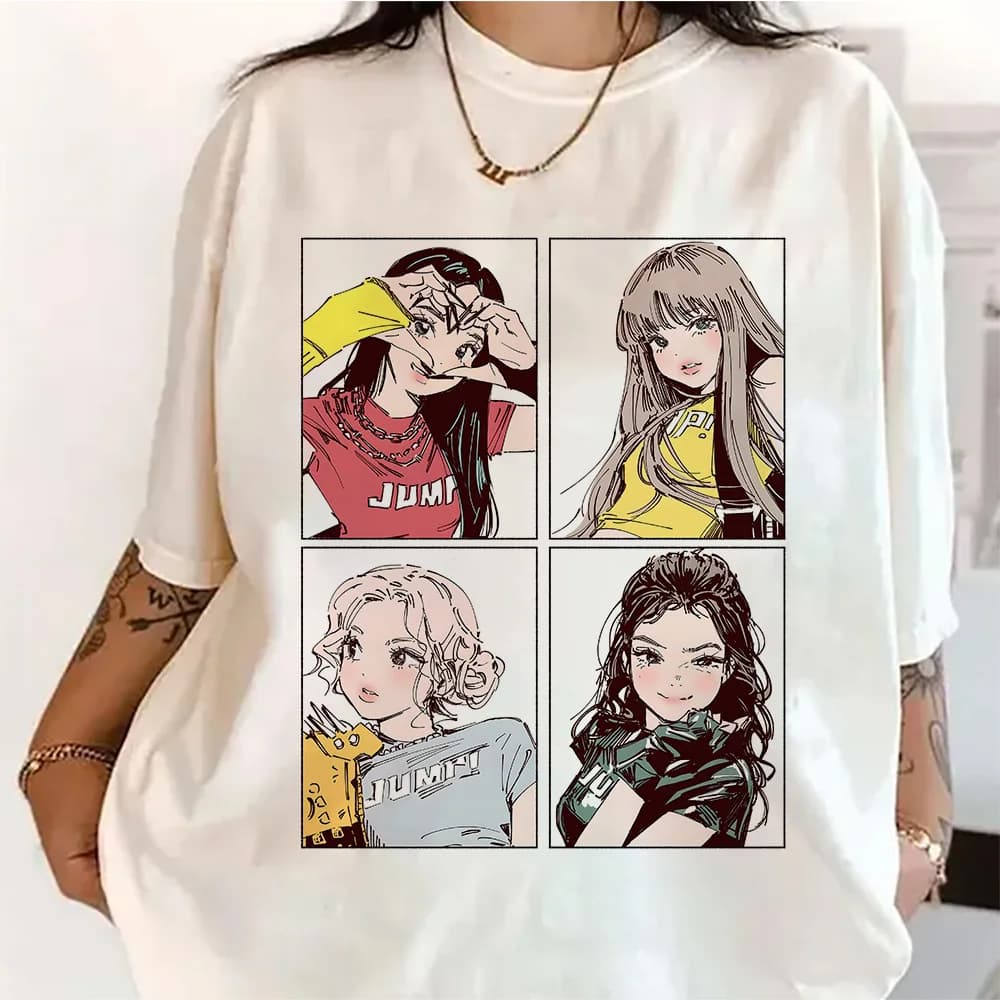 Kpop Girl Fashion Tees Pink Girls Band Clothing Adorable Anime Graphic T Shirts Summer High Quality Cotton Comfortable Y2K Tops