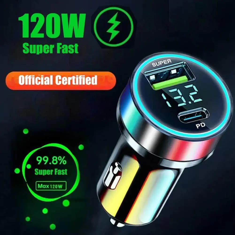 2 Port Super Fast USB Car Charger For iPhone 14 Pro Max 13 12 11 Samsung S23 S22 120W Quick Charging Adapter