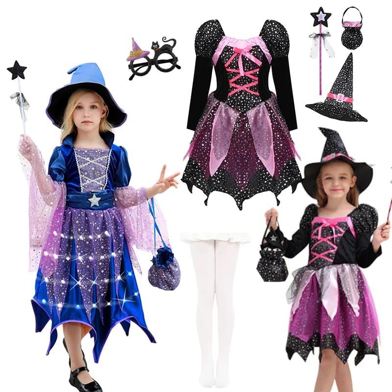 Girls Halloween Witch Costume Children Cosplay Vampire Princess Dress Dress Up Led Clothes With Hat Bag Carnival Party Outfits