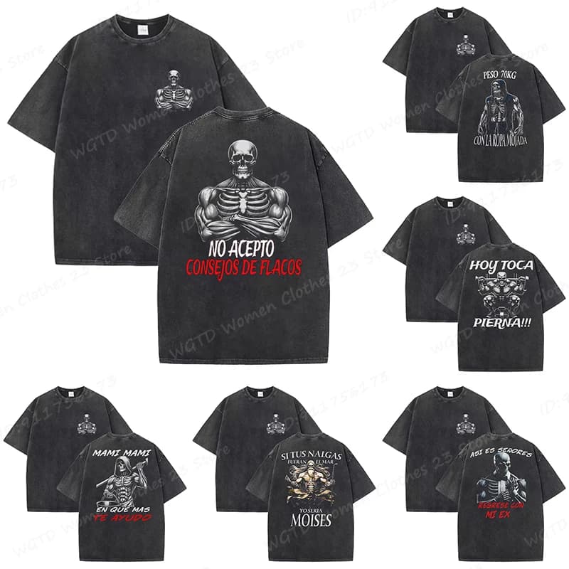 Calacas Chidas Gym Washed T-Shirts Men's Trendy Cool Skeleton & Gym Print Oversized Tshirt Summer Tees Streetwear Casual Tops