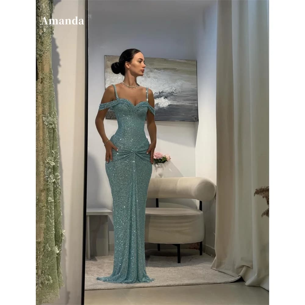 Amanda Customized Shiny Blue Sheath Sleeveless Prom Dress Off The Shoulder Pleats vestidos de noche Floor-Length Formal Evening
