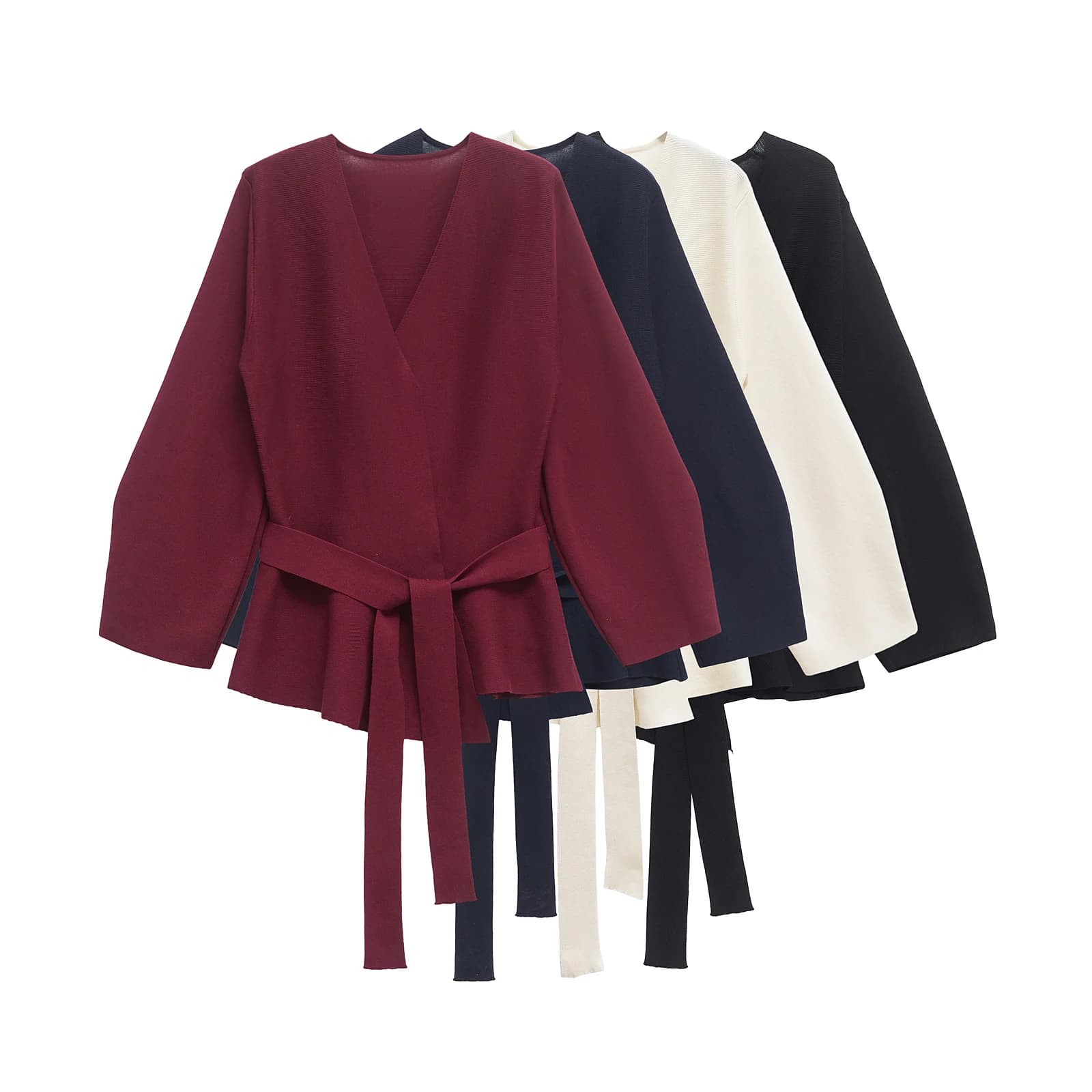 TRAF Spring Women Fashion Shoulder Pad Belt Knit Blazer Women Retro V-neck Long Sleeve Versatile Female Coat 9598/128