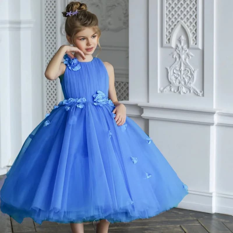 Customized Royal Blue Flower Girl Dresses Tulle Flowers Petals Sleeveless For Wedding Birthday Party First Communion Gowns