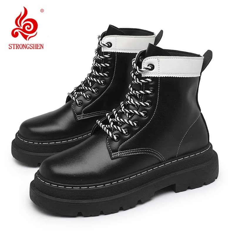 STRONGSHEN Men Boots High Top Fashion Motorcycle Ankle Boots Splicing Winter Boots Anti-slip Man Shoes Lace-Up Botas Hombre
