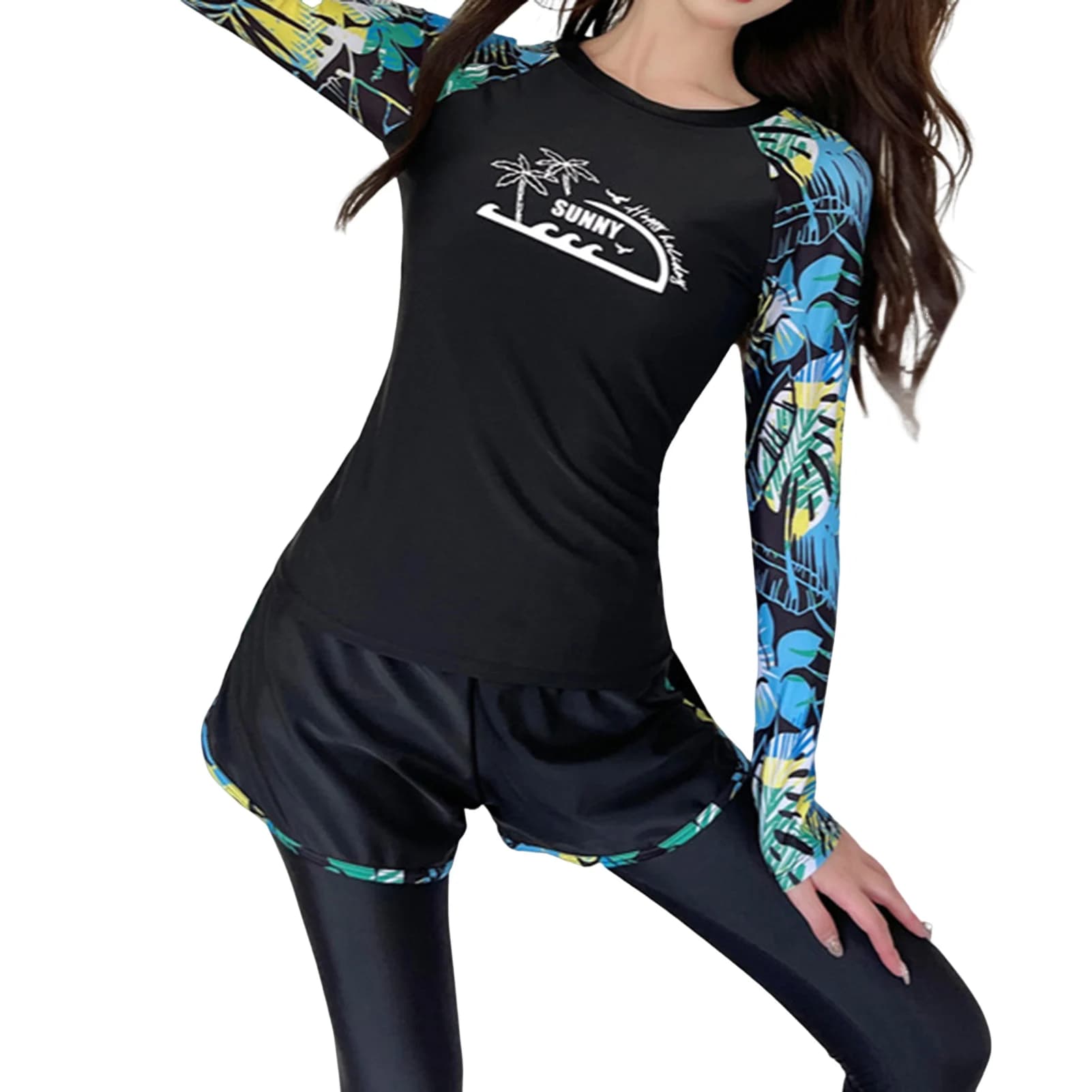 Women Long Sleeve Ladies Bathing Suit Letter Printed Sun Swimsuit Set for Adult Spa Suntan Vacation Wearing