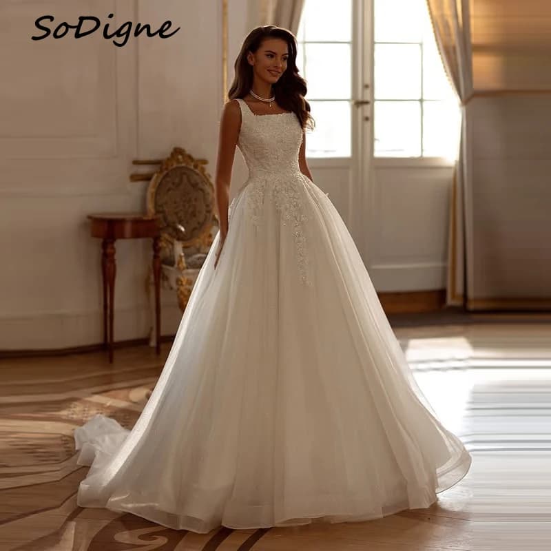 SoDigne A-line Tulle Wedding Dresses Square Collar Sleeveless Appliques Bridal Dress Bride Gown Robe De Mairee Customized 