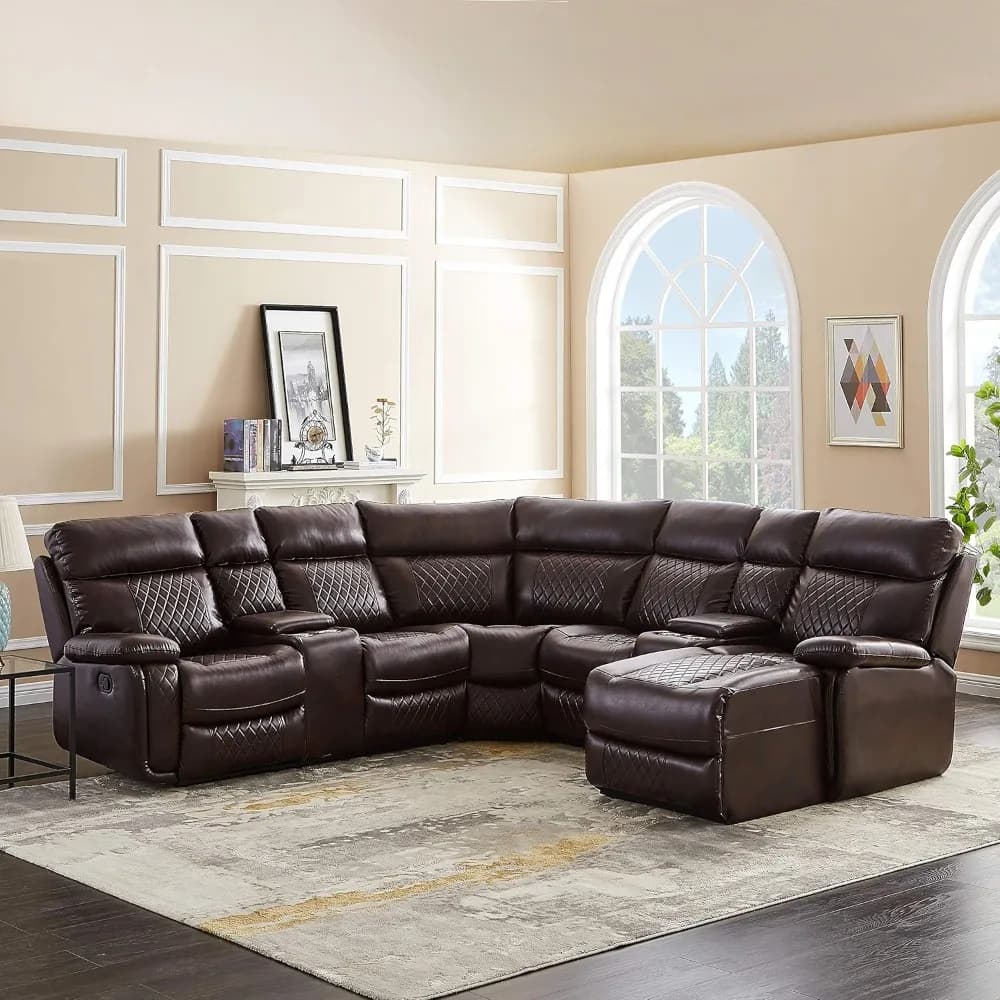 Leather Sectional Sofa with Recliner, 5 Seat Manual Corner Sectional Couch with Console, Storage Box, Theater Seat, Reclining