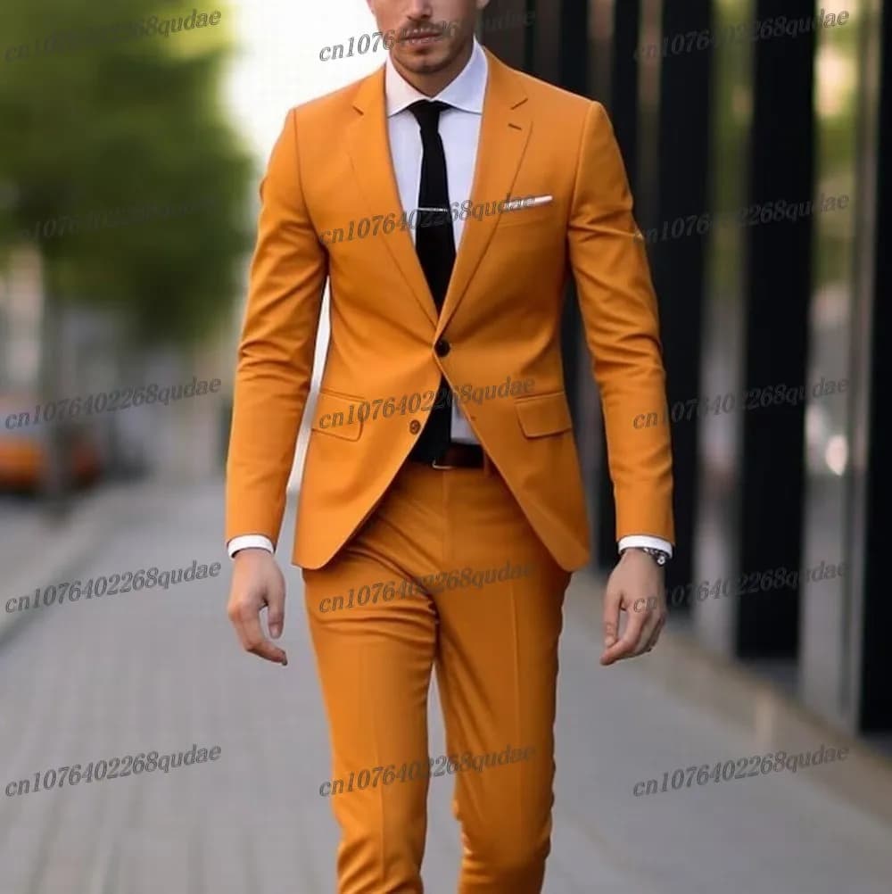 Orange Men Suit Formal Occasion Wedding Party Groom Suits Groomsman Male Tuxedos Bridegroom Costume 2 Piece Set Blazer Pant