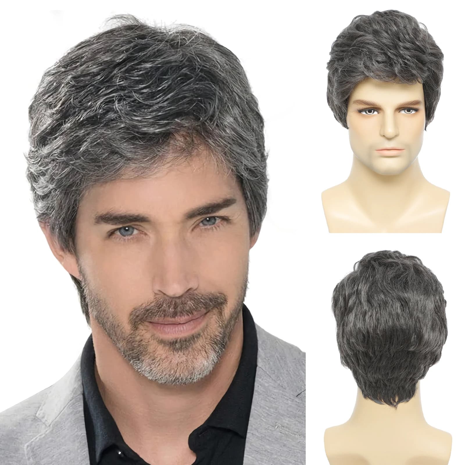 BCHR Men's Wigs Short Mens Grey Wig Layered Natural Hair Costume Halloween Heat Resistant Synthetic Wigs For Men Male
