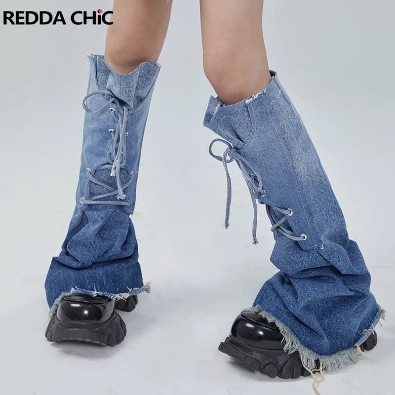 REDDACHiC Lace Up Gradient Blue Women Leg Warmers Denim Boots Cover Y2k Grayu Japanese Girl Leg Gaiters Flared Knee Long Socks
