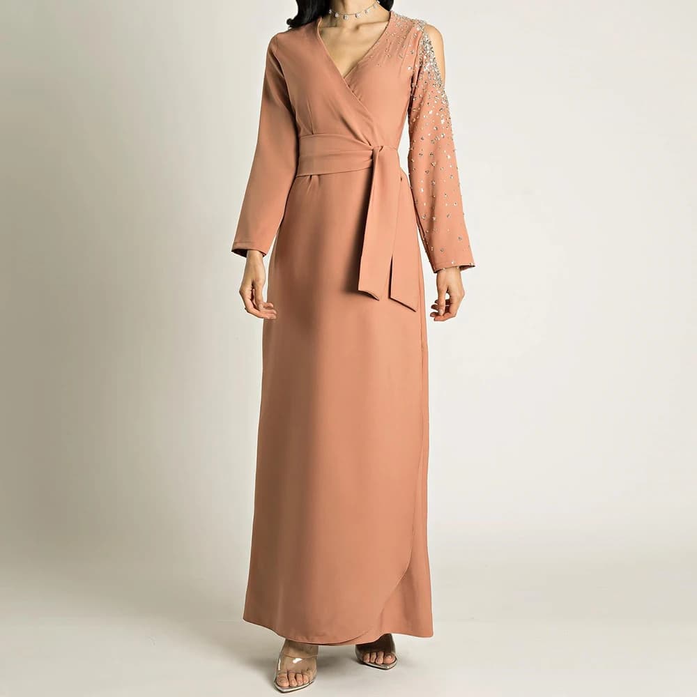 Fashion Jersey Straight Crystal Evening Dress High Quality Floor Length V-Neck Long Sleeves فساتين سهره نسائيه فخمة