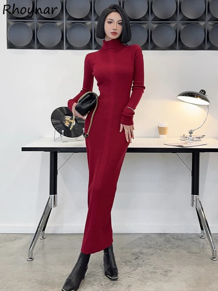 Long Sleeve Dresses Women Turtleneck Knitted Tender Slimming Sweater Basic Solid Simple All-match Temperament Ulzzang Streetwear