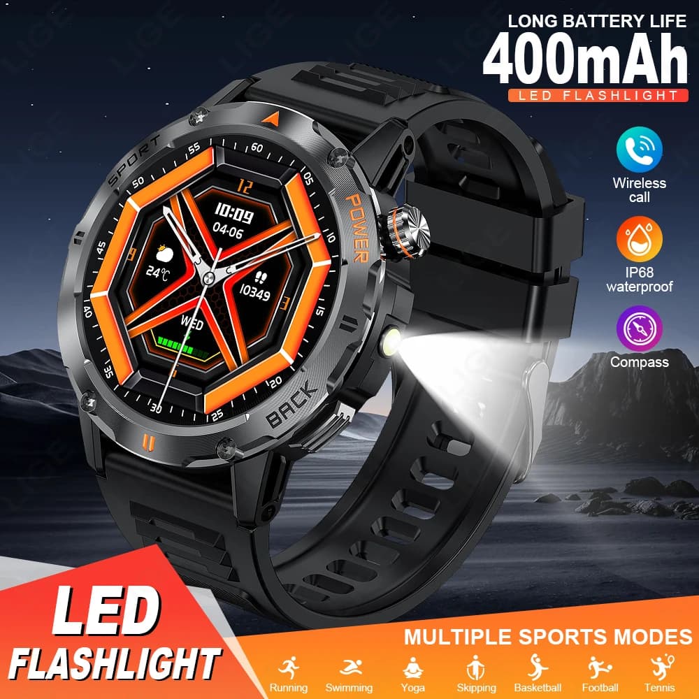 LIGE New Compass Outdoor Smart Watch Men Flashlight 400 mAh Large Battery Bluetooth Call Watches Health Sport Fitness Smartwatch