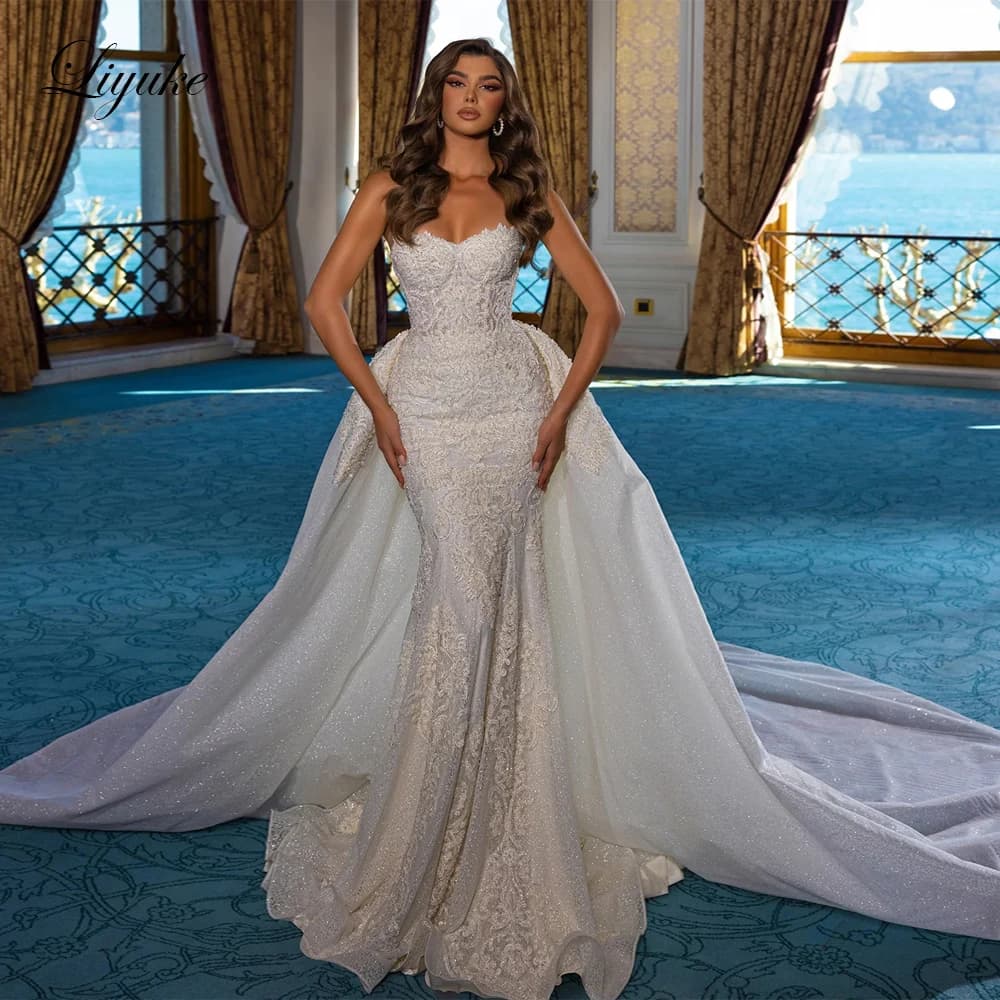 Liyuke Luxury Lace Strapless Mermaid Wedding Dresses Beading Pearls Appliques Off Shoulder 2 In 1 Bridal Gowns Removable Train
