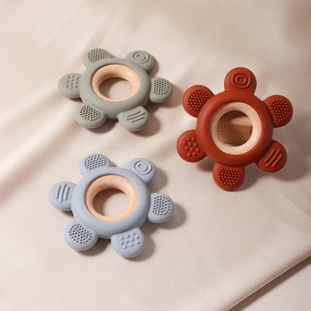 hot sale Baby wooden teether flower silicone teether Food Grade Safe Teether with wooden ring Toy Teething gift